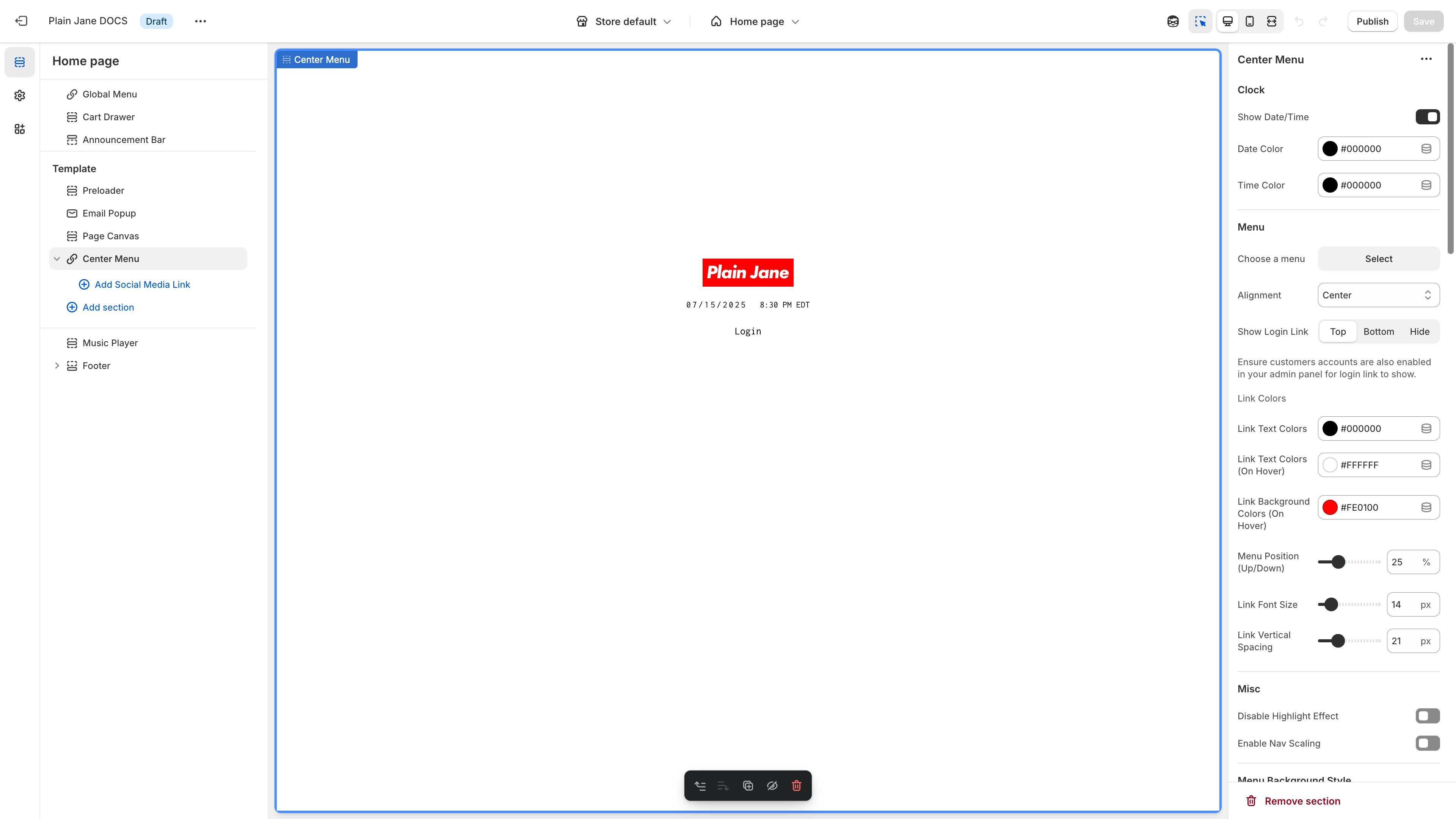 Center Menu settings panel