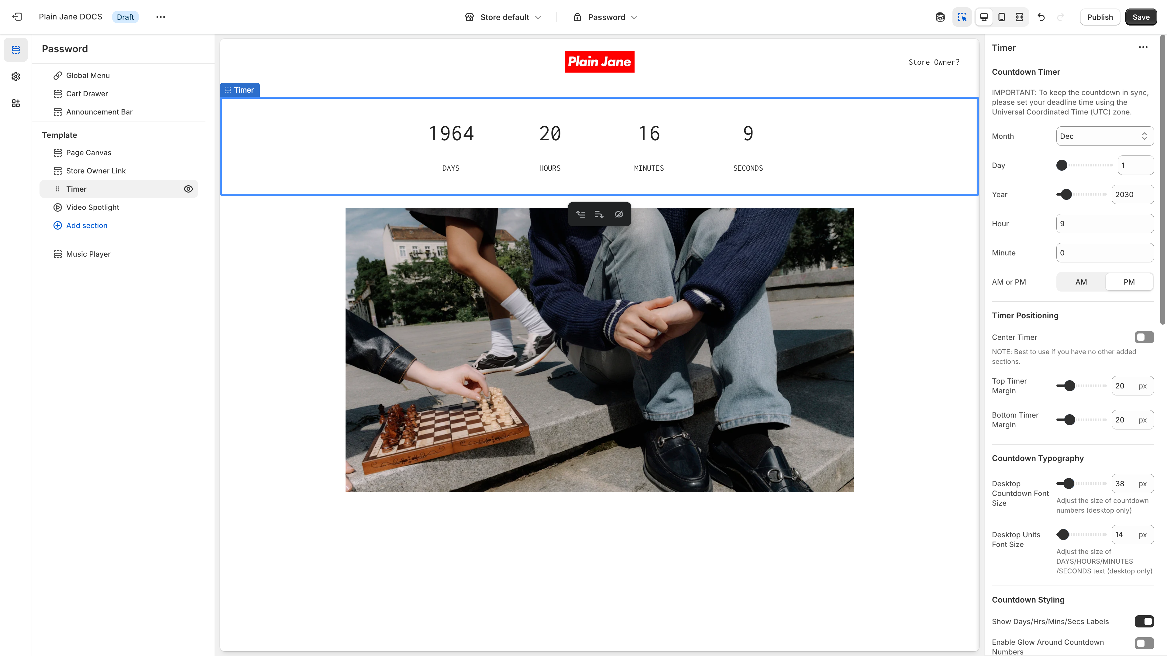Password page timer settings