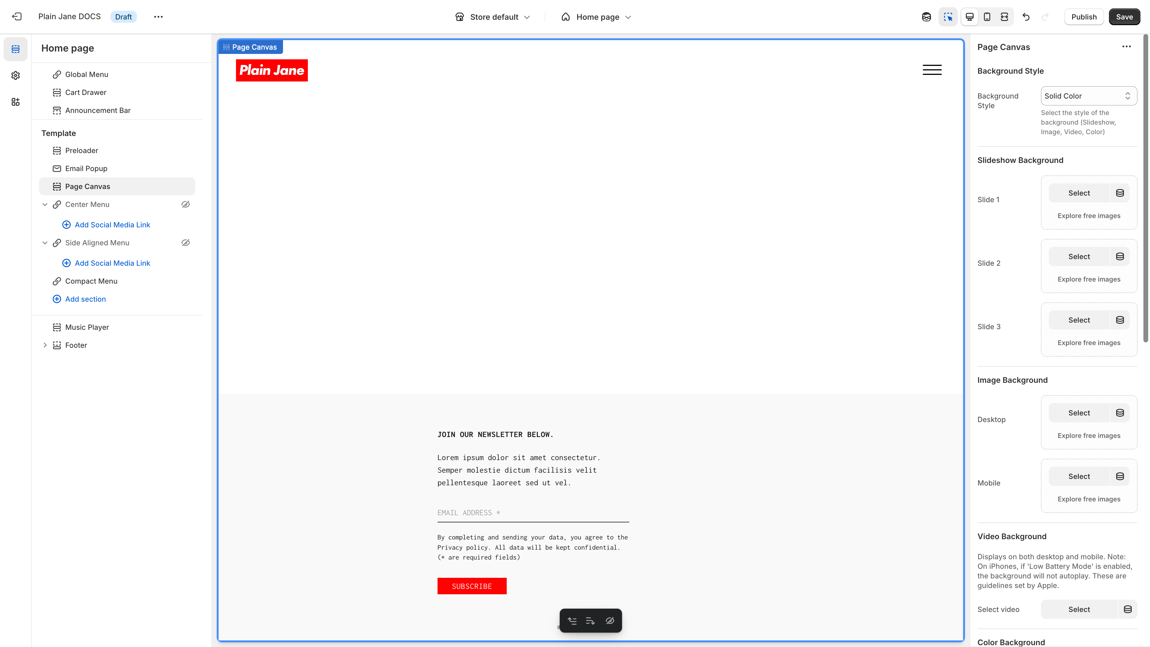 Page Canvas settings for background customization